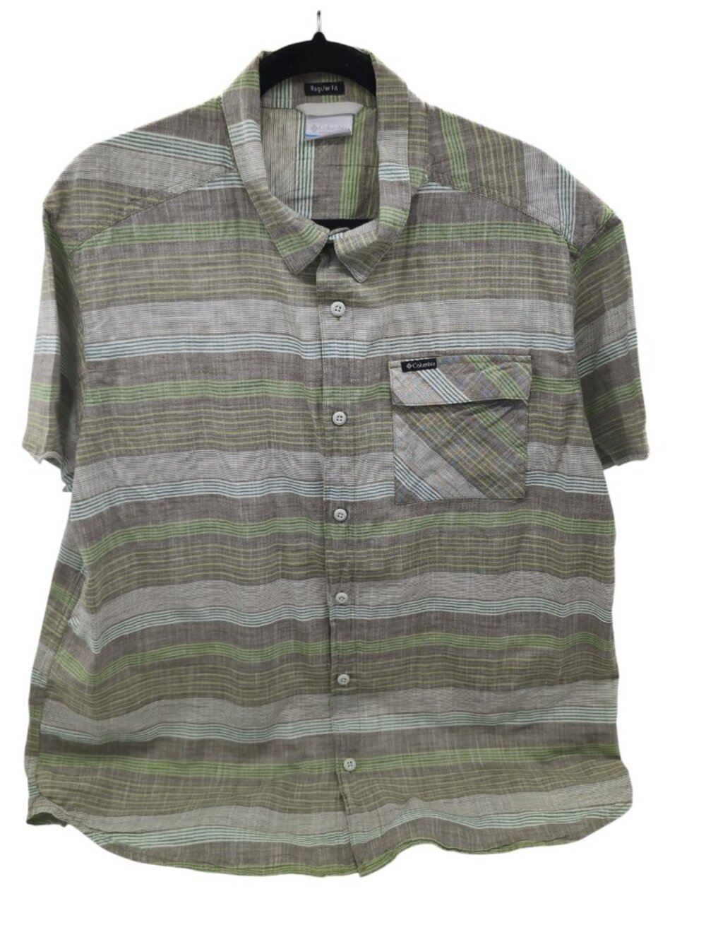 Columbia Shirt Mens XL Green Gray Striped Button Up Short Sleeve Regular Fit